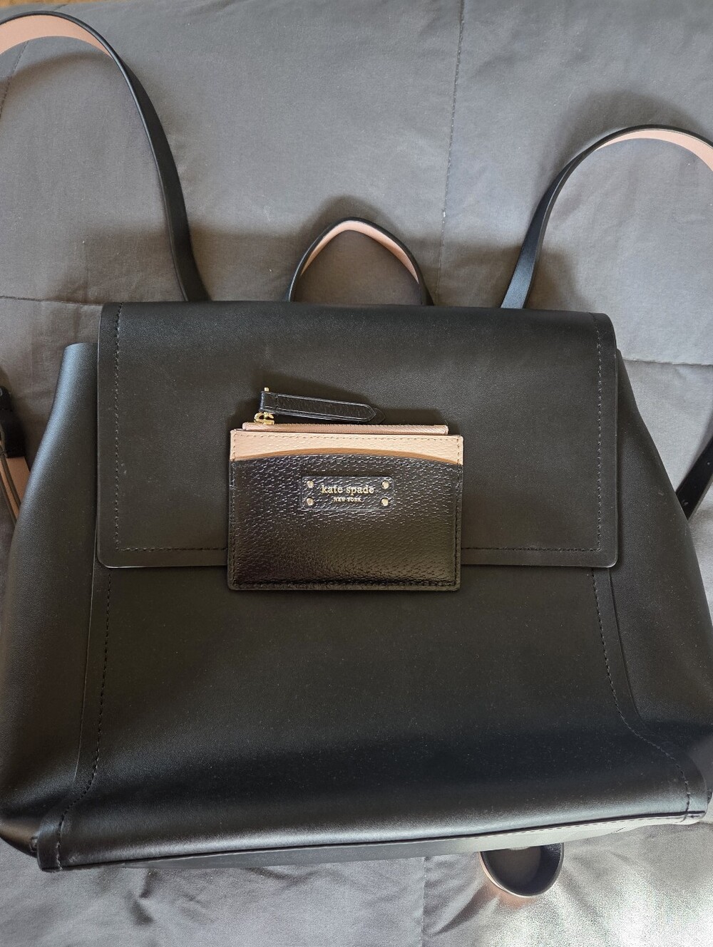 Kate Spade Black Leather Backpack With Pink Interior And Matching Card Holder